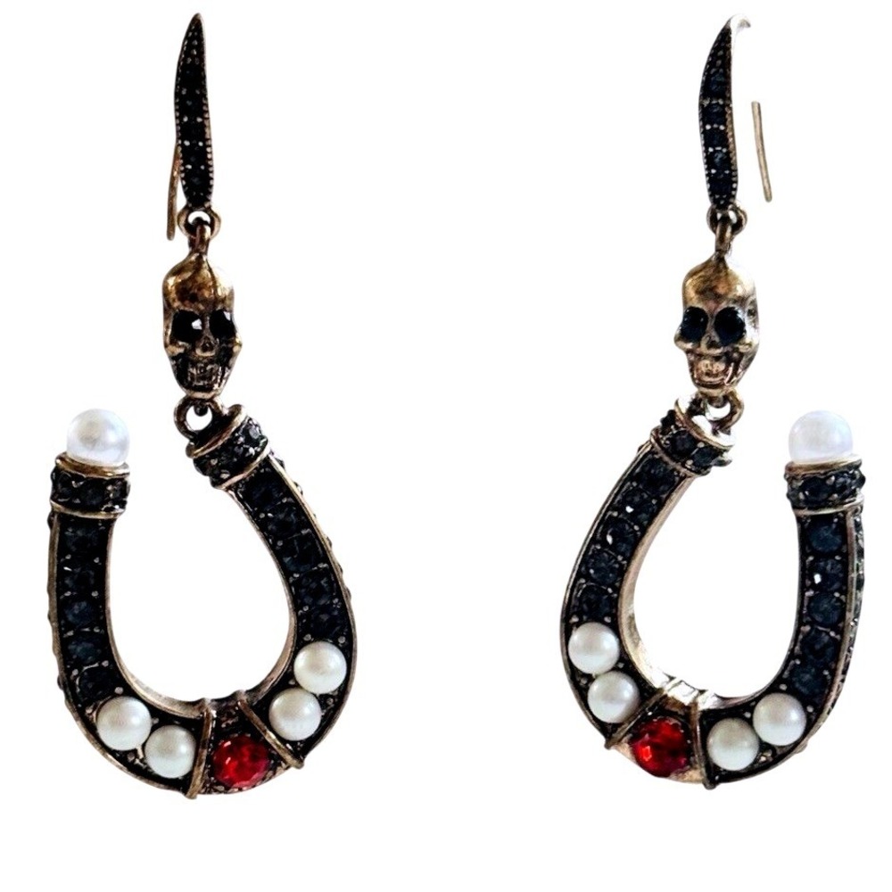 Horseshoe Skull Goth Earrings Pierced Jeweled Gold Dangle Pearl red Rhinestone‎